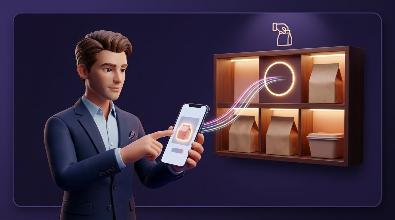 Premium avatar-style digital ordering artwork showing mobile demand, pickup flow, and brand-controlled menus.