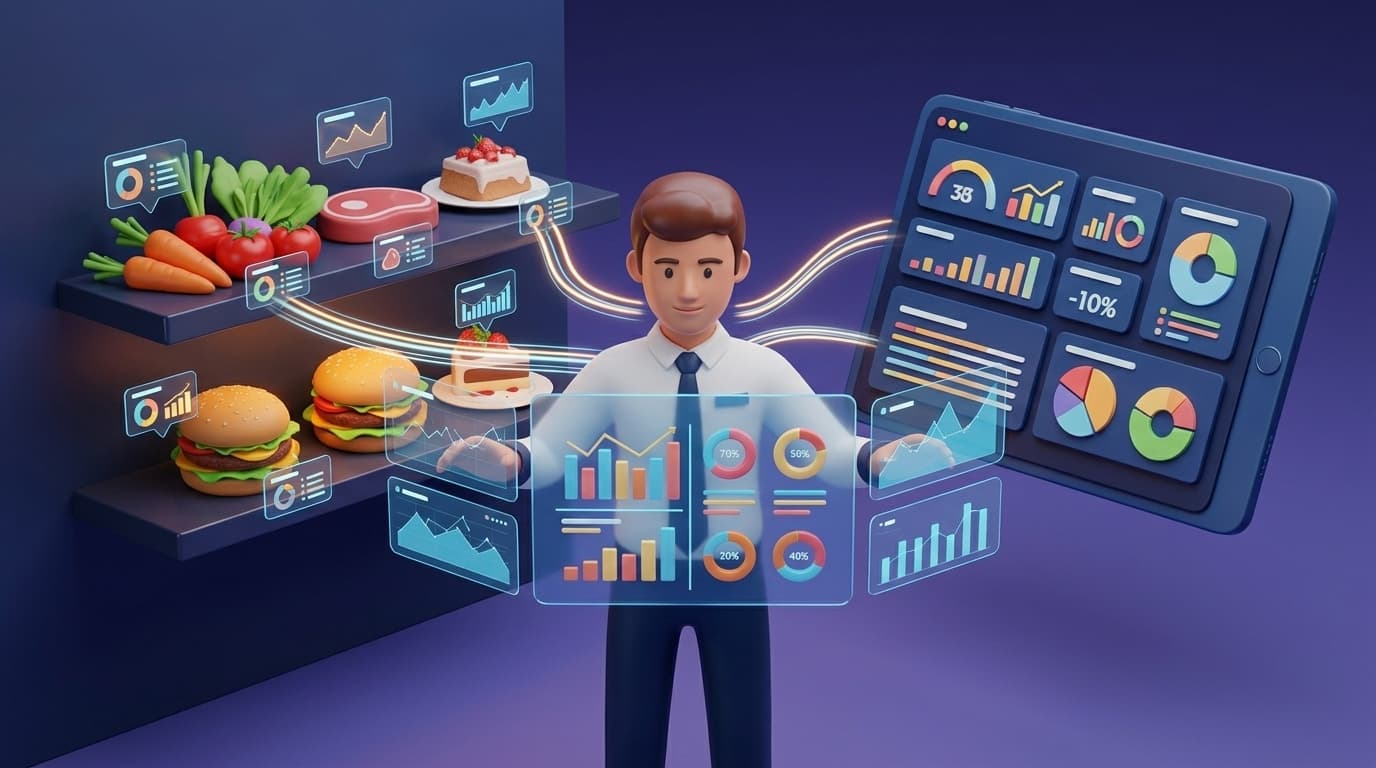 Premium avatar-style reporting and inventory artwork with restaurant analytics and stock visibility.