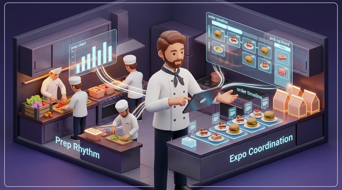 Premium avatar-style kitchen operations artwork showing preparation, kitchen coordination, and handoff flow.