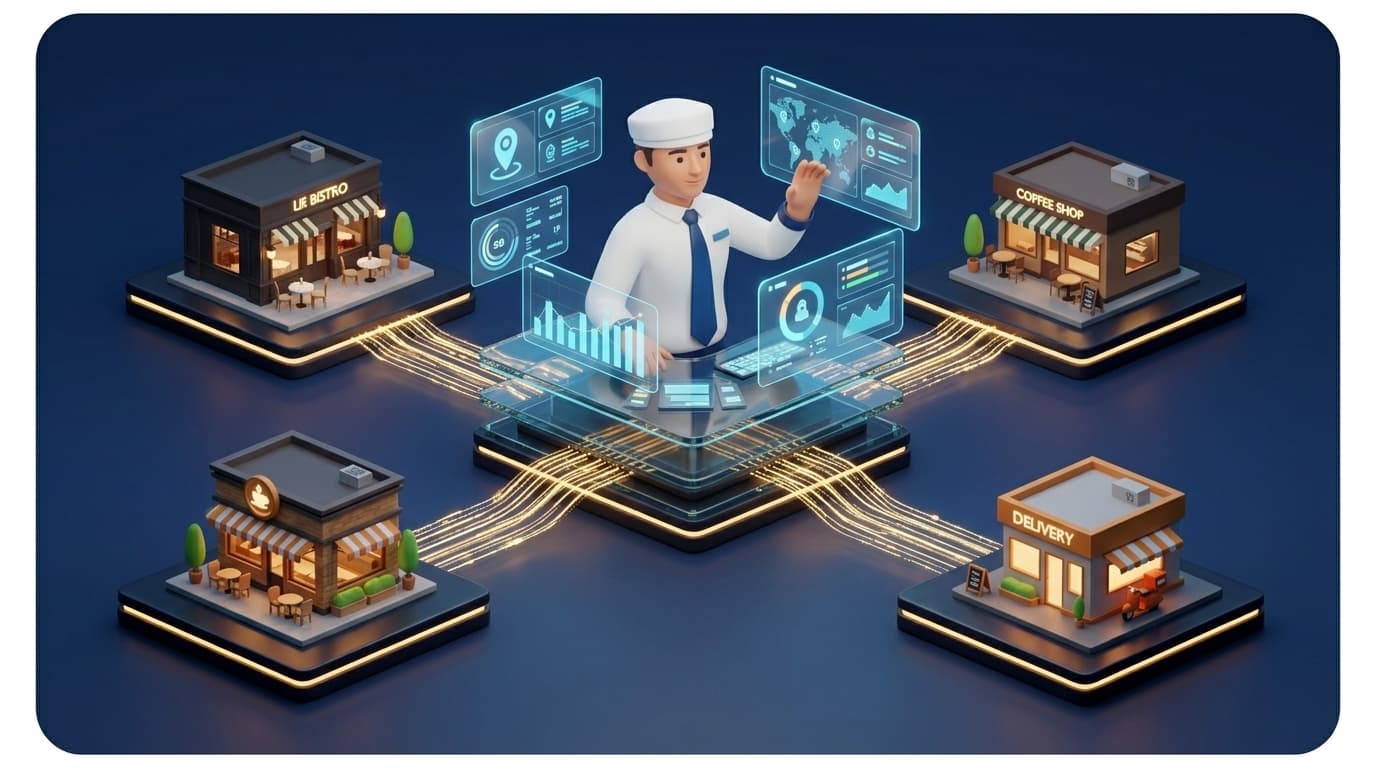 Premium avatar-style multi-location control artwork showing connected stores and centralized oversight.