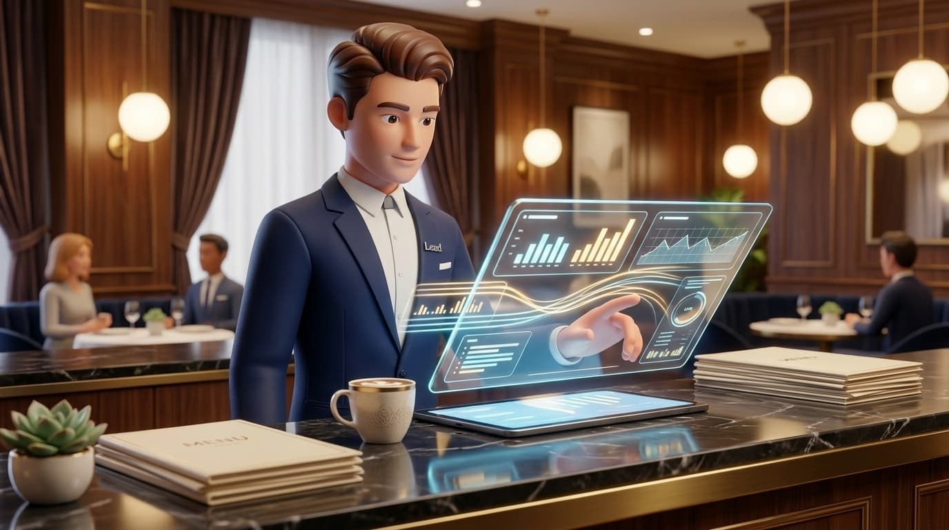 Premium avatar-style restaurant POS artwork with confident counter service and sleek hardware.
