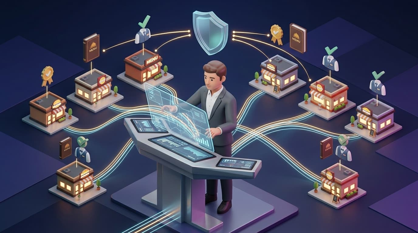 Premium avatar-style restaurant governance artwork showing brand consistency and multi-location oversight.