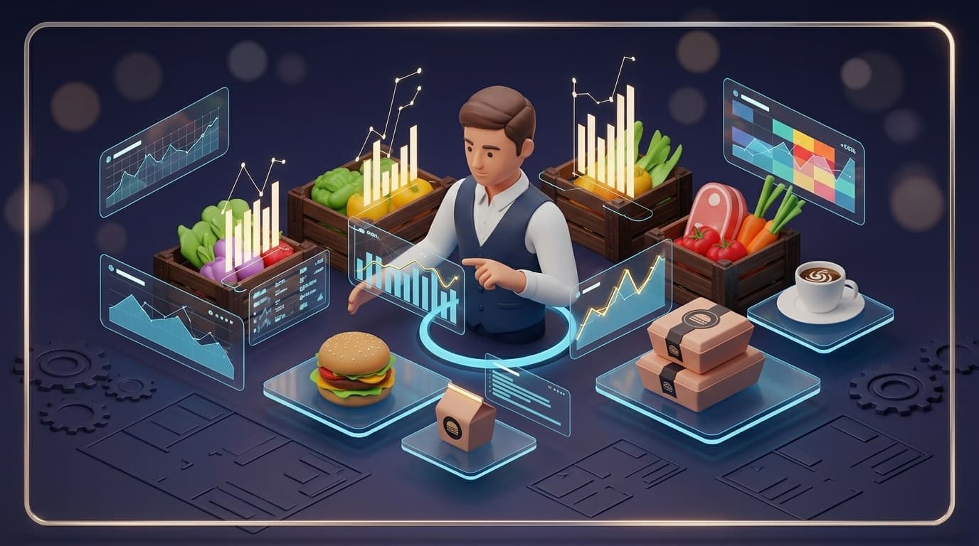 Premium avatar-style reporting artwork showing a restaurant operator reviewing trusted performance metrics.
