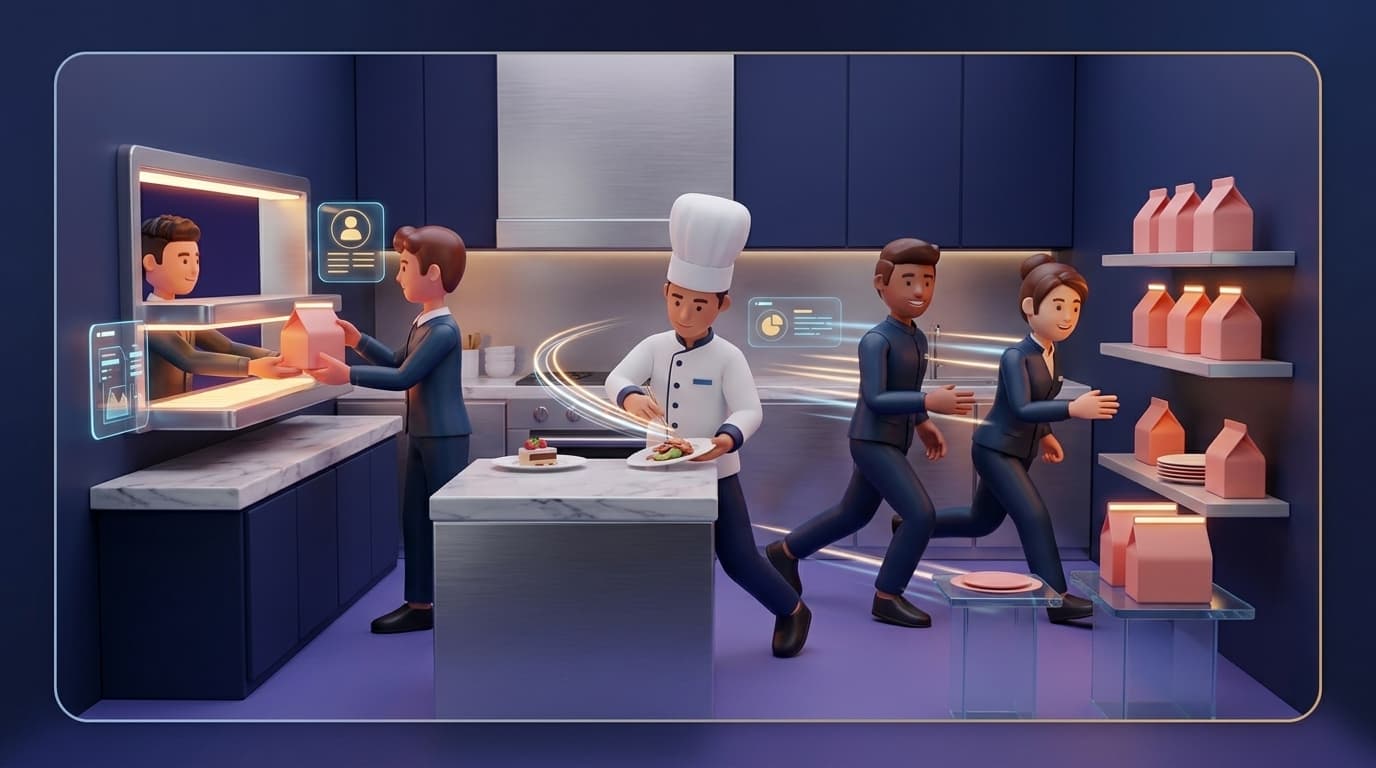 Premium avatar-style restaurant service artwork showing fast confident order flow at the counter.