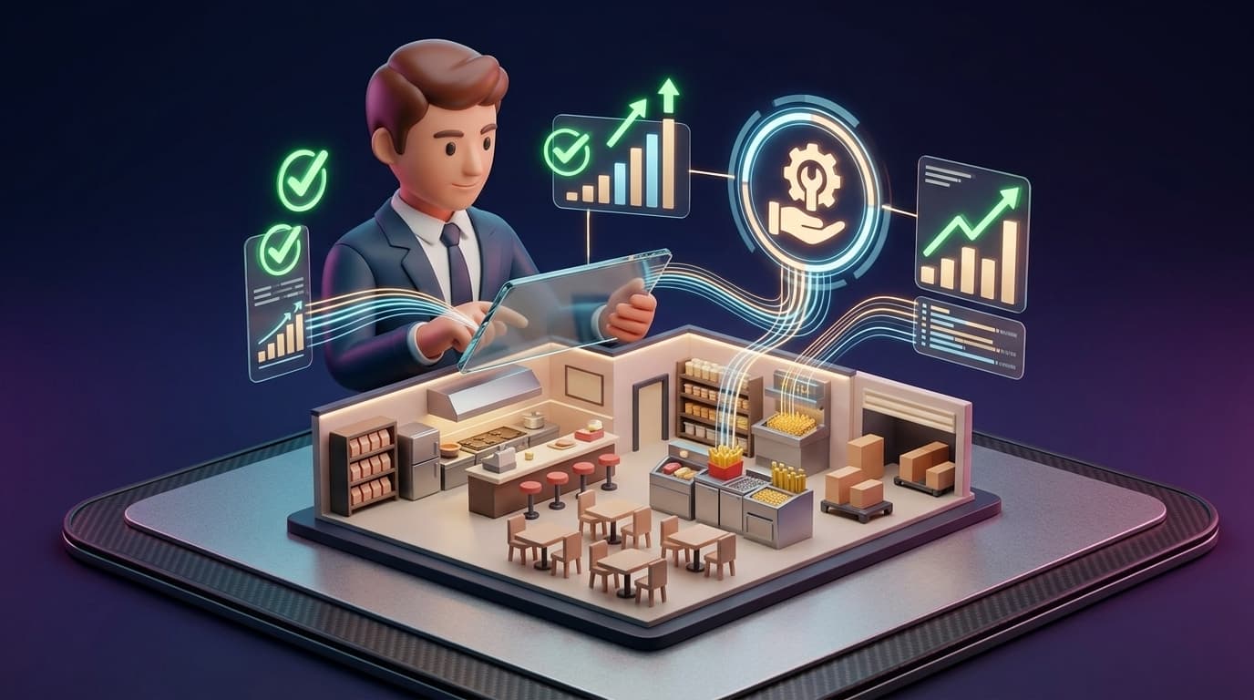 Premium avatar-style operations leadership artwork showing store control across a restaurant network.