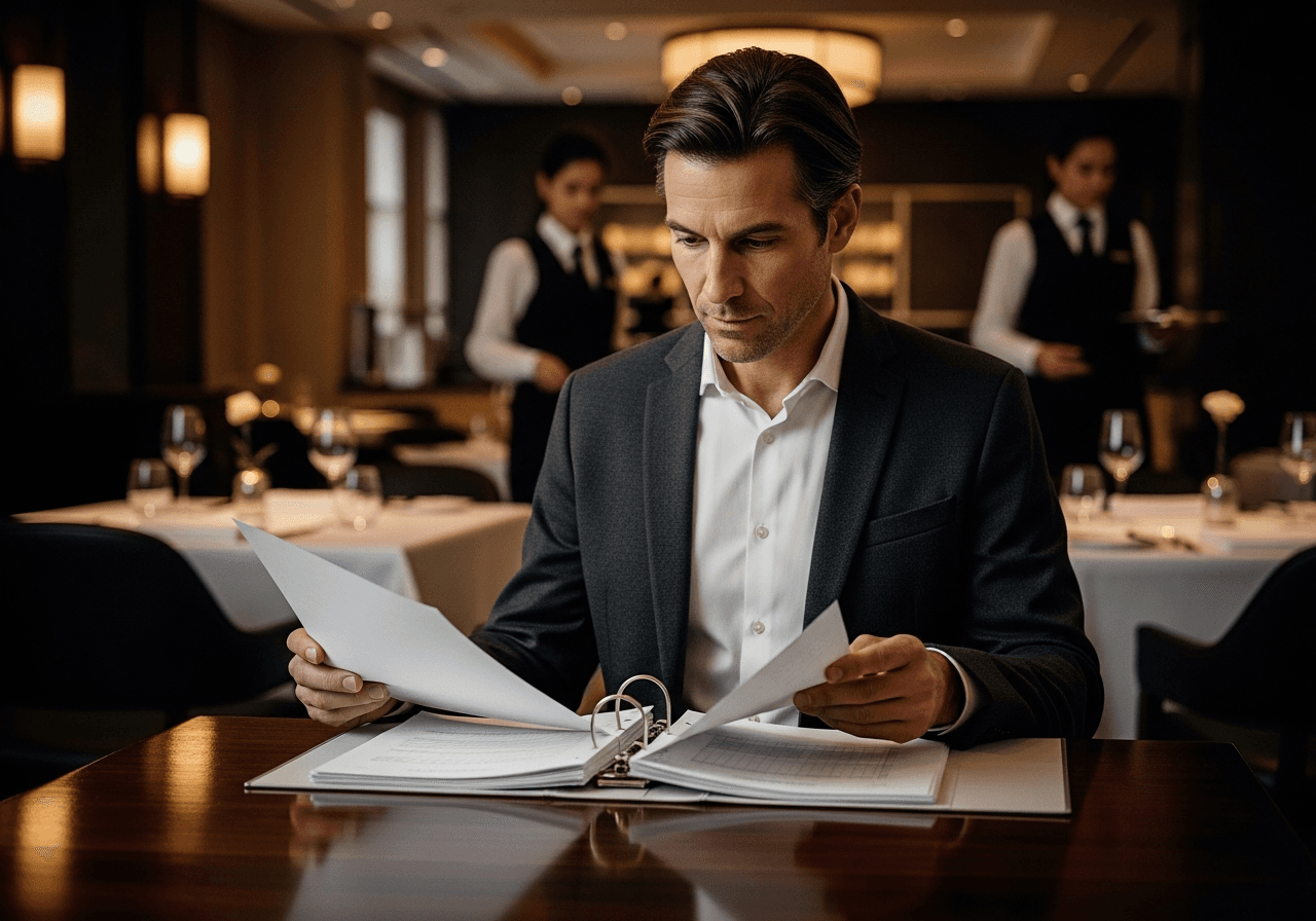 Restaurant leadership reviewing margin and reporting signals with service moving behind them.