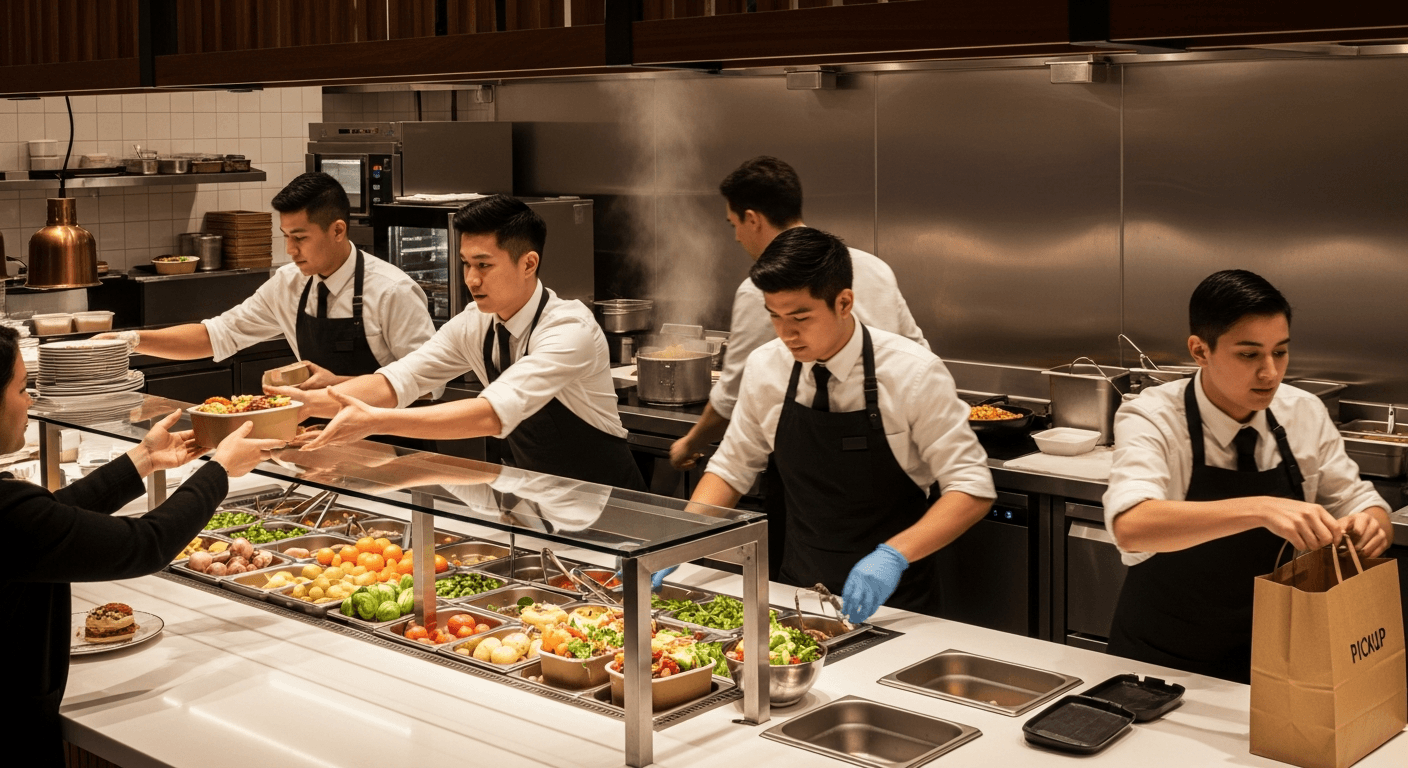 Busy restaurant service moving cleanly across front counter, pickup, and kitchen handoff.