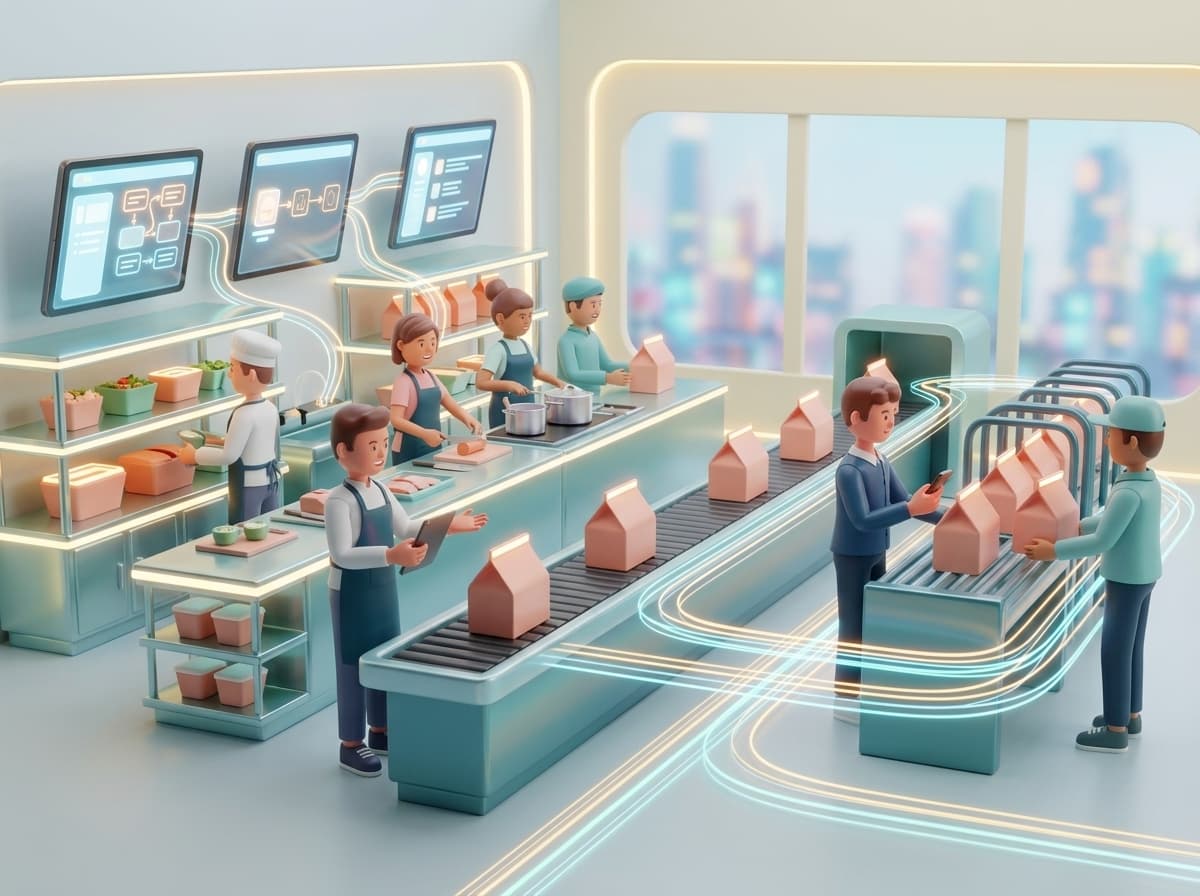 3D digital-first cloud kitchen illustration with dispatch and prep flow.
