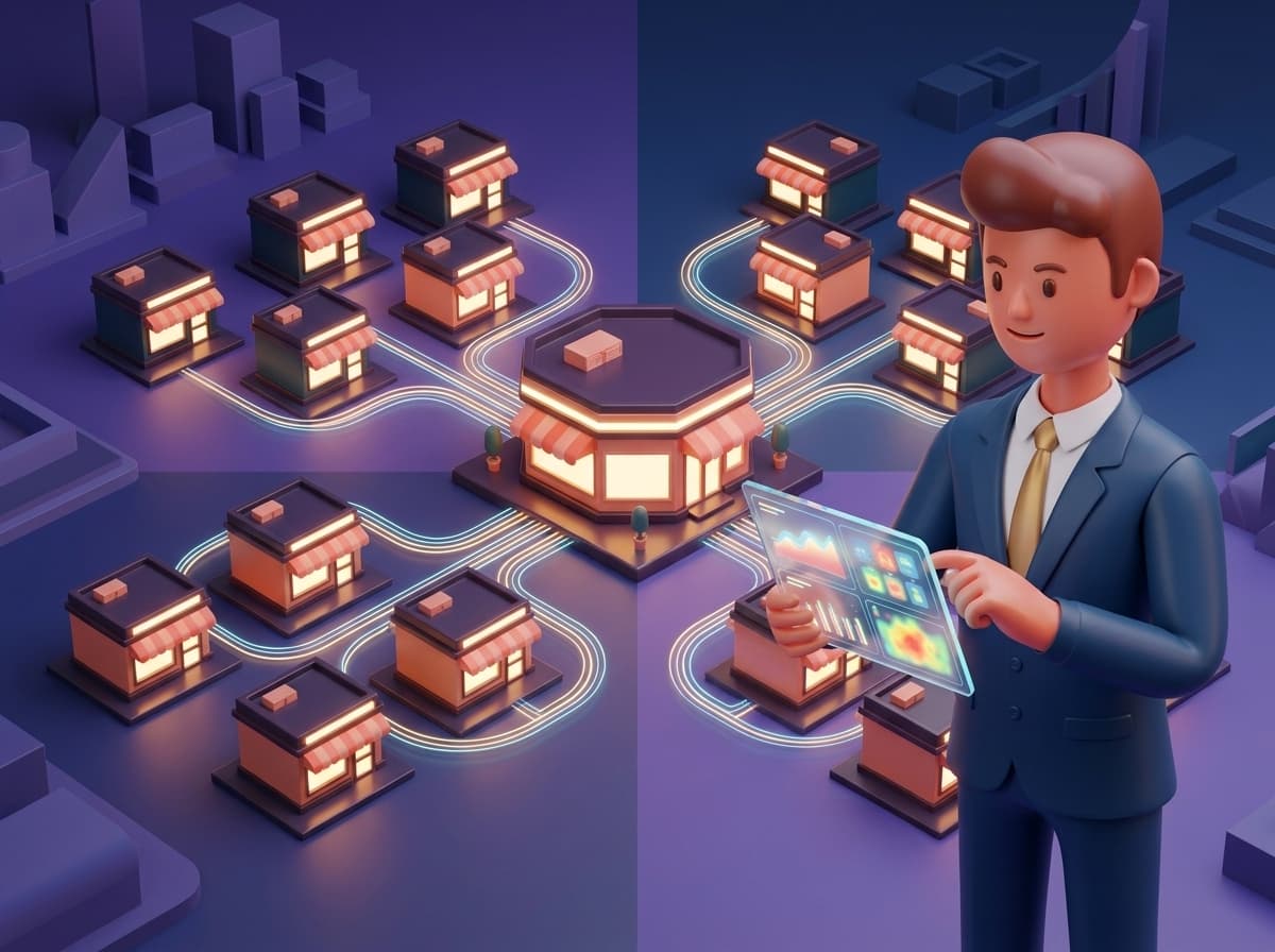 3D operations leader avatar coordinating a large restaurant network.
