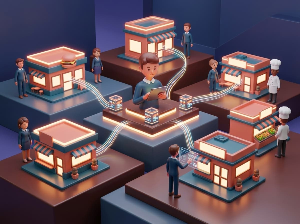 3D franchise network illustration showing central governance across stores.