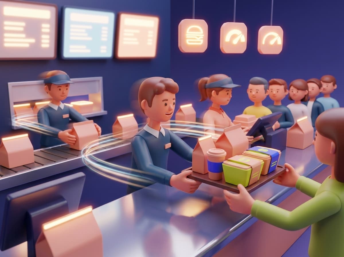 3D quick-service throughput illustration with counter and handoff motion.